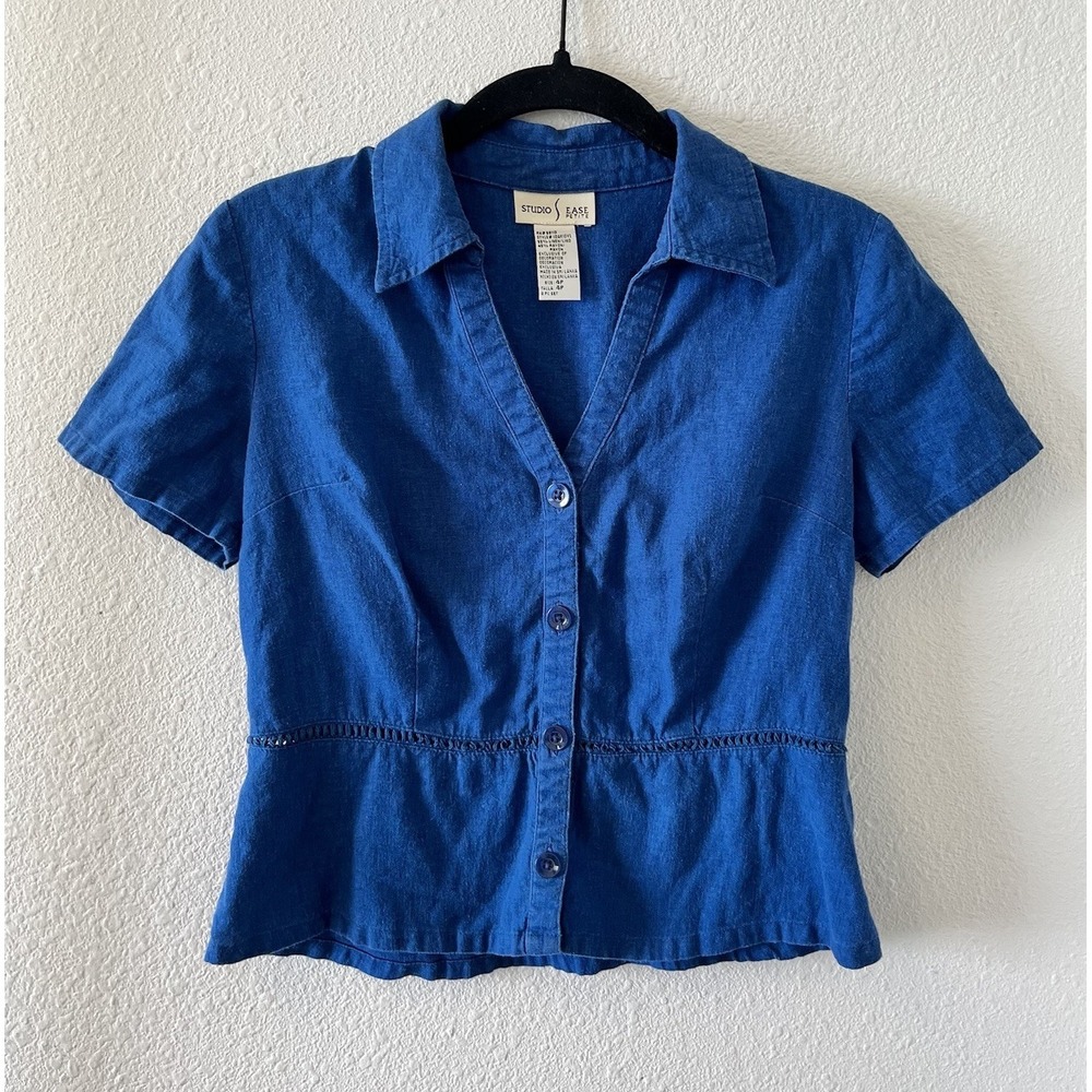 Studio Ease Petite Womens Linen Top Size 4P Cropped Cobalt Blue Button Short Slv